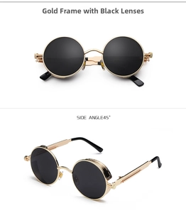 Detail view of steampunk round gold metal frames with dark grey lenses in 45-degree angle