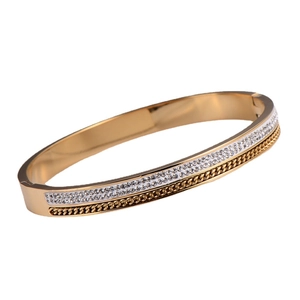 Minimalist 18k gold plated stainless steel bangle with rhinestones and woven texture