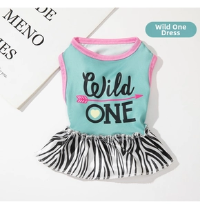 Detail view of pet tiered dress with Wild One print and stylish zebra pattern skirt