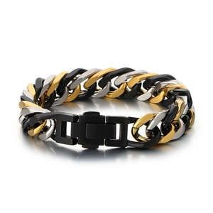 Hip-hop tricolor Cuban link bracelet for men in gold, silver, and black finish