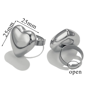 Detail view of 25mm silver heart open ring with dimension markings and adjustable band