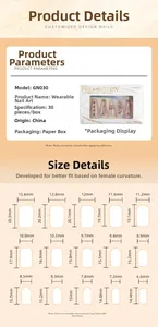 Tableau des tailles pour ongles GN030 montrant 15 tailles et spécifications