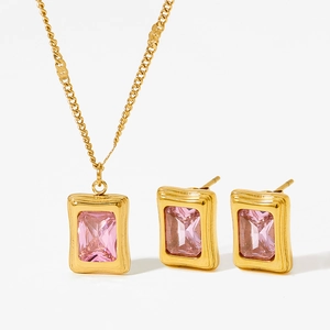 Elegant gold-plated necklace and earring set with rectangular pink zircon crystals