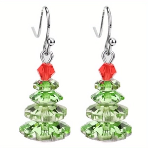 Green crystal Christmas tree drop earrings with red top bead and silver hooks