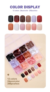Detail of 12-color glossy press-on nail set in a clear storage box with 288 pieces