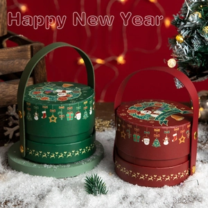 Festive round Christmas gift boxes in red and green with snowman and reindeer patterns