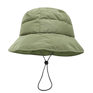 Quilted olive green winter bucket hat with windproof drawstring for warmth and comfort