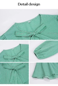 Detail design of green plaid dress featuring V-neck bow and elastic long sleeve cuffs