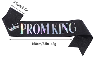Close-up of black glitter Prom King sash with holographic text and size measurements