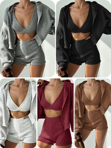 Damen Rippstrick Kapuzenjacke Top Und Shorts Loungewear Casual Sportlich Streetwear Einfarbig