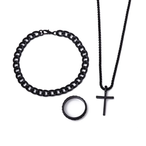 Polished black stainless steel jewelry set featuring a cross pendant, chain and ring
