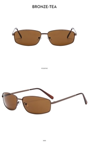 Detailed views of vintage bronze metal rectangle sunglasses with dark tea lenses