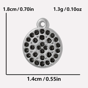 Silver round pendant with black rhinestones showing detailed dimensions and weight