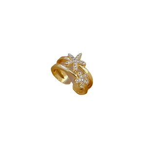 Gold plated starfish open ring with micro-paved crystals in a layered nautical design