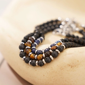 Men's natural lava stone, tiger eye and lapis lazuli layered beaded bracelet set