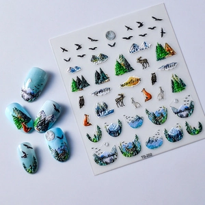 3D embossed nail stickers featuring fox, forest, and mountain relief designs