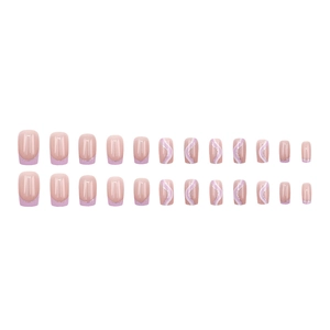 Unghie finte French rosa e lavanda con motivi a onde glitterate argento, set da 24 pezzi