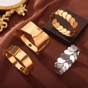Elegant wide gold and silver stainless steel bangles with disc chain bracelets set