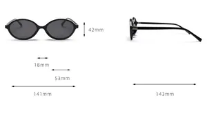 Detailed dimension guide for vintage oval sunglasses showing frame and lens measurements