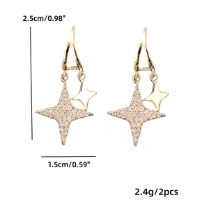 Star-shaped earrings size guide showing 2.5cm height and 1.5cm width with cubic zirconia