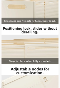 Detail view of smooth edges and limit buckle on adjustable storage drawer bin
