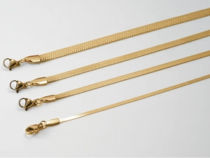 Comparison of four different widths of 18K gold-plated stainless steel snake chain bracelets