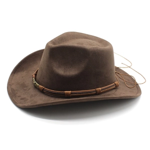 Brown faux suede western cowboy hat with wide brim and braided leather decorative band