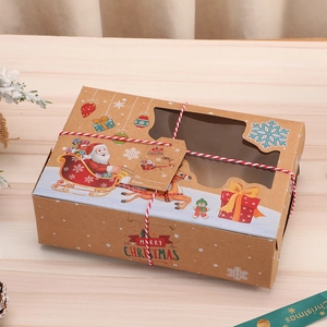 Christmas kraft paper gift box with window, twine, and Santa reindeer illustration