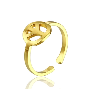 Adjustable gold stainless steel ring with peace symbol design on a white background