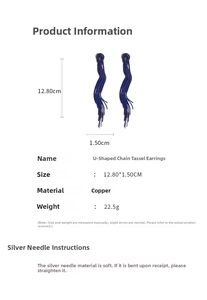 Detailed view of U-shaped chain tassel earrings with dimensions 12.80x1.50cm and weight