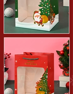 Detail of red and green Christmas gift bags with reindeer patterns and festive gold stamping