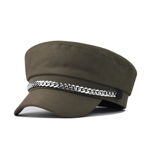 Classic olive green newsboy hat with silver chain detail on a white background