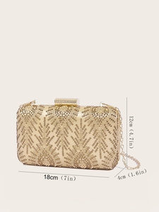 Elegant gold glitter evening clutch bag with metal frame and size measurements