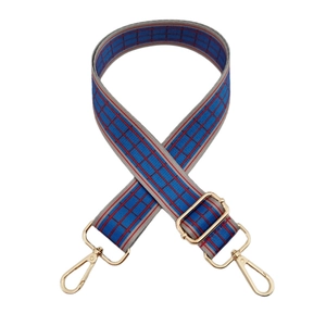 Ethnic blue and red plaid fabric bag strap with adjustable golden metal buckles