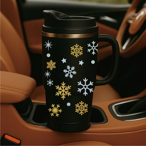 Detail of black snowflake glitter tumbler placed on a luxury car leather center console