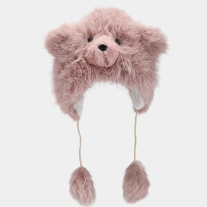 Chapeau aviateur ours polaire en peluche rose avec fausse fourrure et oreillettes chaudes
