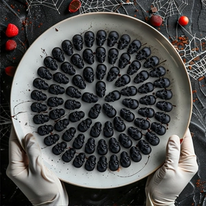Top view of black skull shaped silicone molds for baking Halloween candy treats
