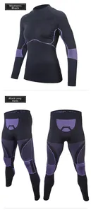 Women's black thermal base layer set with purple stitching and compression texture