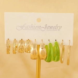 Five-pair gold and green resin earring set with elegant twisted and woven textures