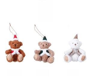 Three plush Christmas bears in brown, khaki, and white with festive hats and scarfs