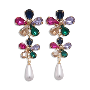 18k gold plated flower drop earrings with colorful crystals and teardrop pearls