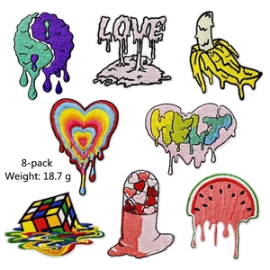 Set of 8 creative melting style embroidered patches including heart, banana and watermelon