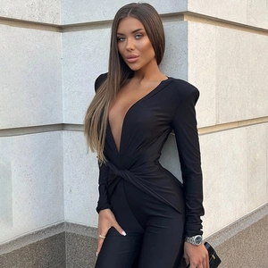 Sexy black long sleeve bodysuit with deep V-neck and twist front knot for women