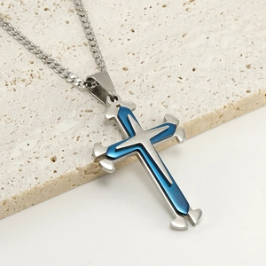 Men's double layer stainless steel cross necklace with blue finish on stone display