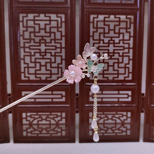 Chinese style butterfly hair pin with pink flower and dangling pearl tassel