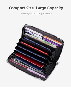 Detail of genuine leather organizer with RFID blocking and multi-compartment accordion style