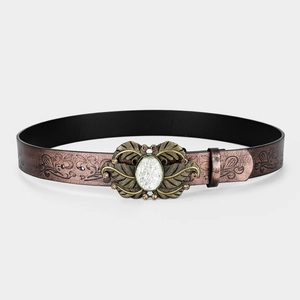 Detail view of leather belt with vintage floral buckle and large oval gemstone inlay