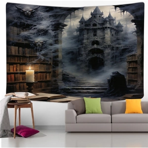 Gothic Halloween wall tapestry featuring castle and skull in a modern living room