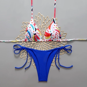 Detail of triangle bikini top with rainbow banana print and blue side-tie bottoms