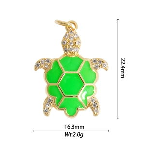 Detailed view of a green enamel turtle pendant with zircon inlay, size 22.4x16.8mm